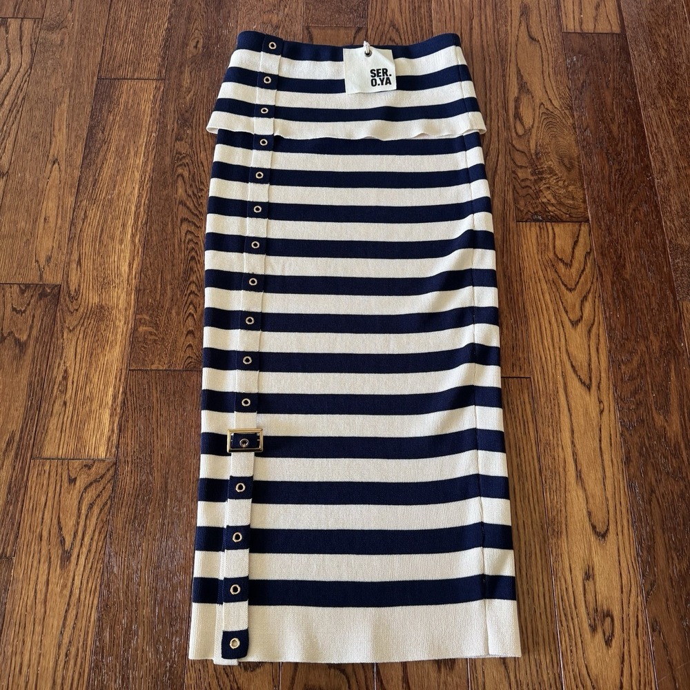 NEW SER.O.YA Navy Cream Striped Knit Midi Skirt Nautical Chic Sailor Old Money